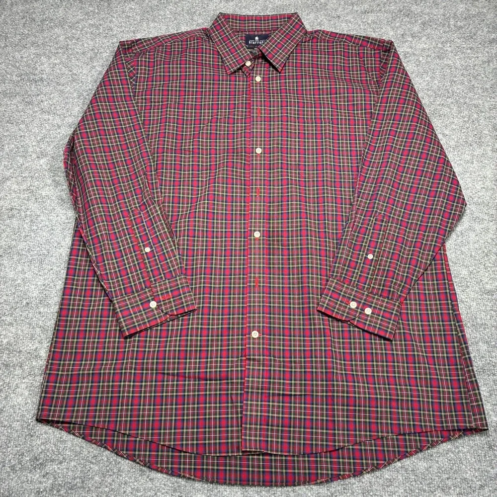 Stafford Performance Super‎ Fitted Dress Shirt Mens 18 Red Multi-colored Plaid